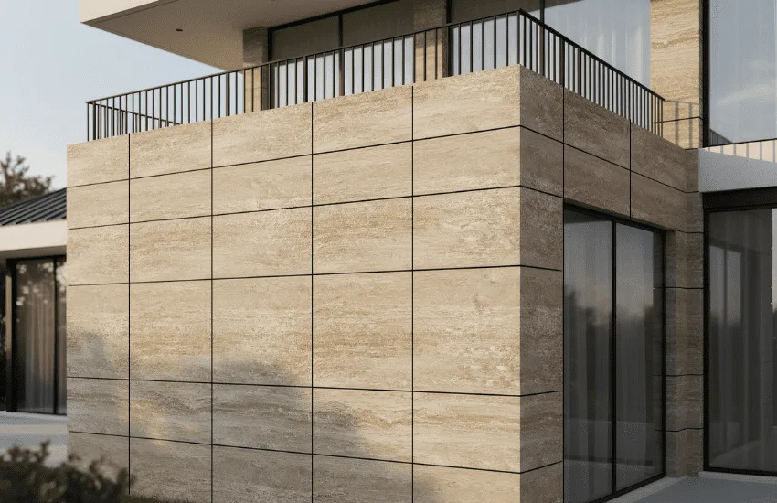 Villa facade designed with cream travertine travertine stone