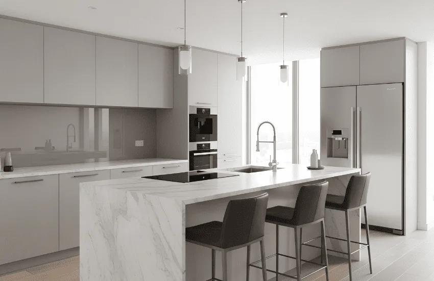 Kitchen countertops finished with white marble stone