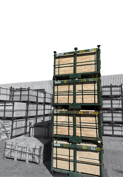 Cream Travertine stone pallets securely packaged for delivery