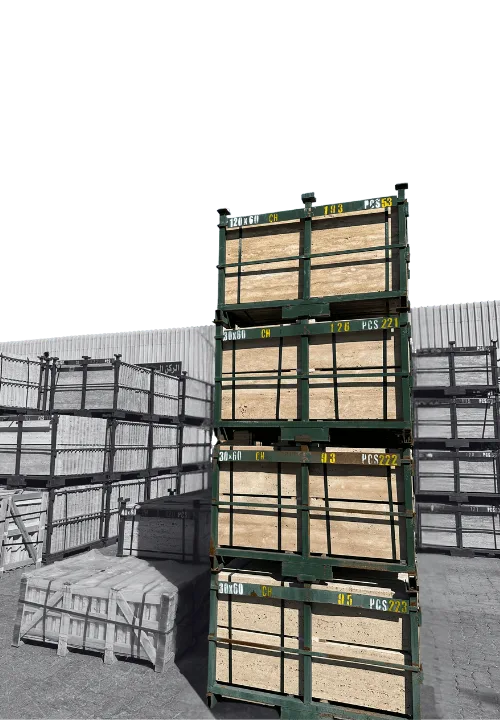Cream Travertine stone pallets securely packaged for delivery