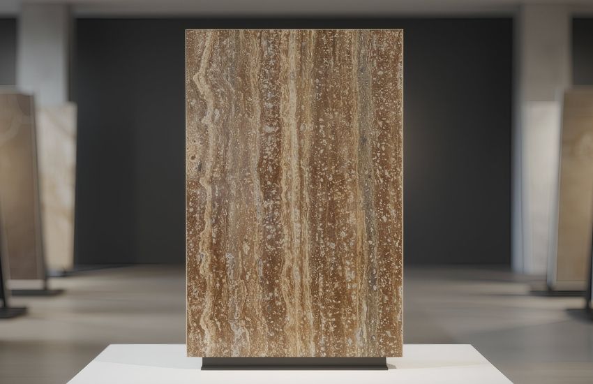 Chocolate travertine stone surface with natural variation