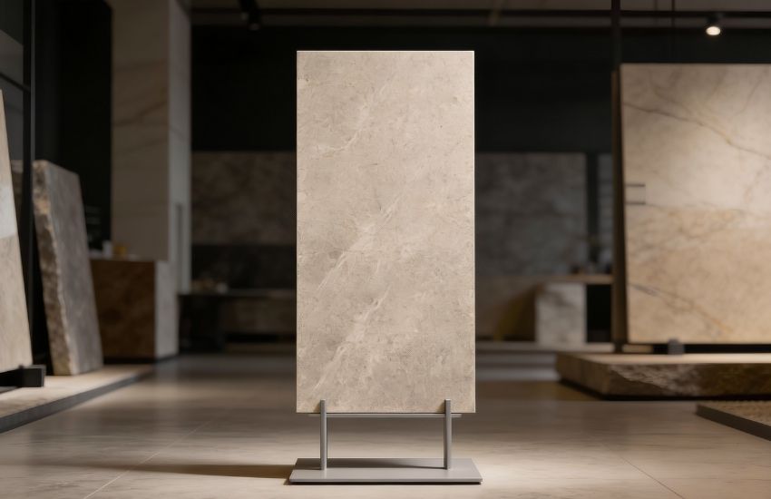 beige marble stone displayed on a stand in a showroom
