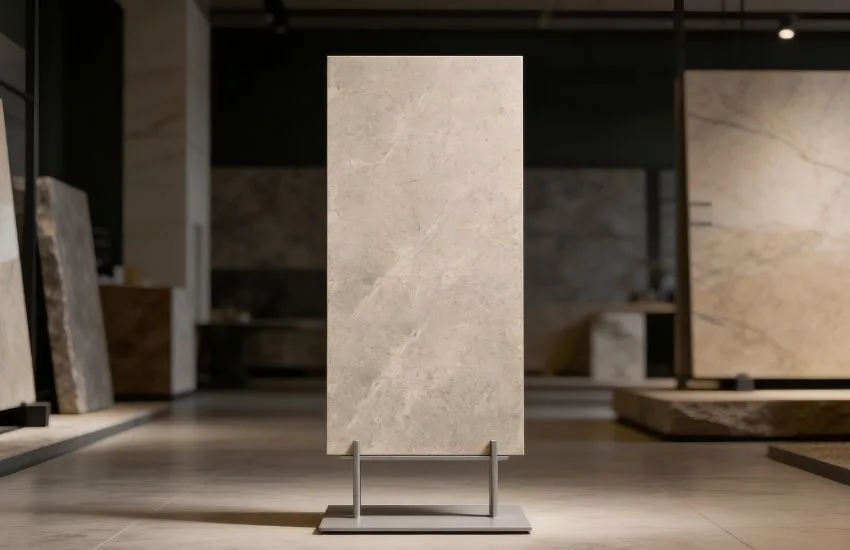 beige marble stone displayed on a stand in a showroom