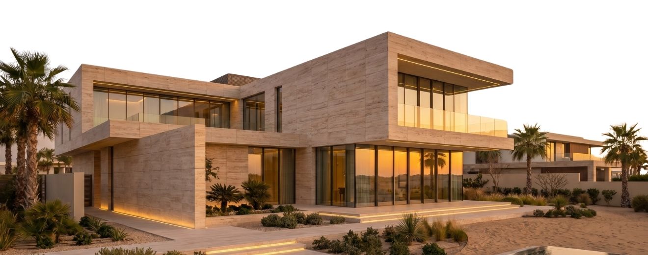 Modern villa facade designed with natural stone cladding
