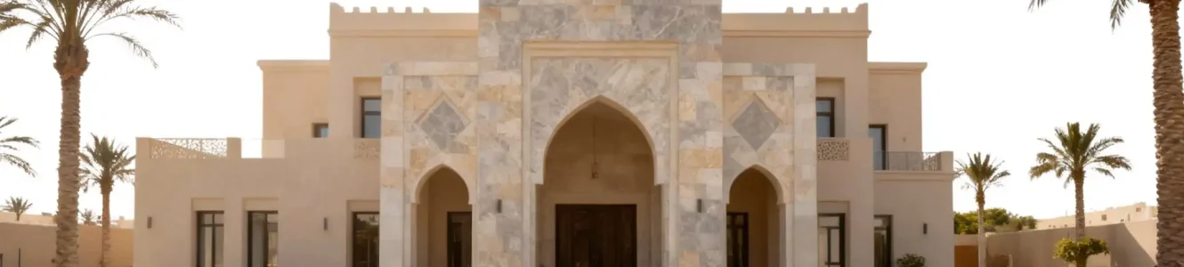 Modern villa facade designed with natural stone cladding